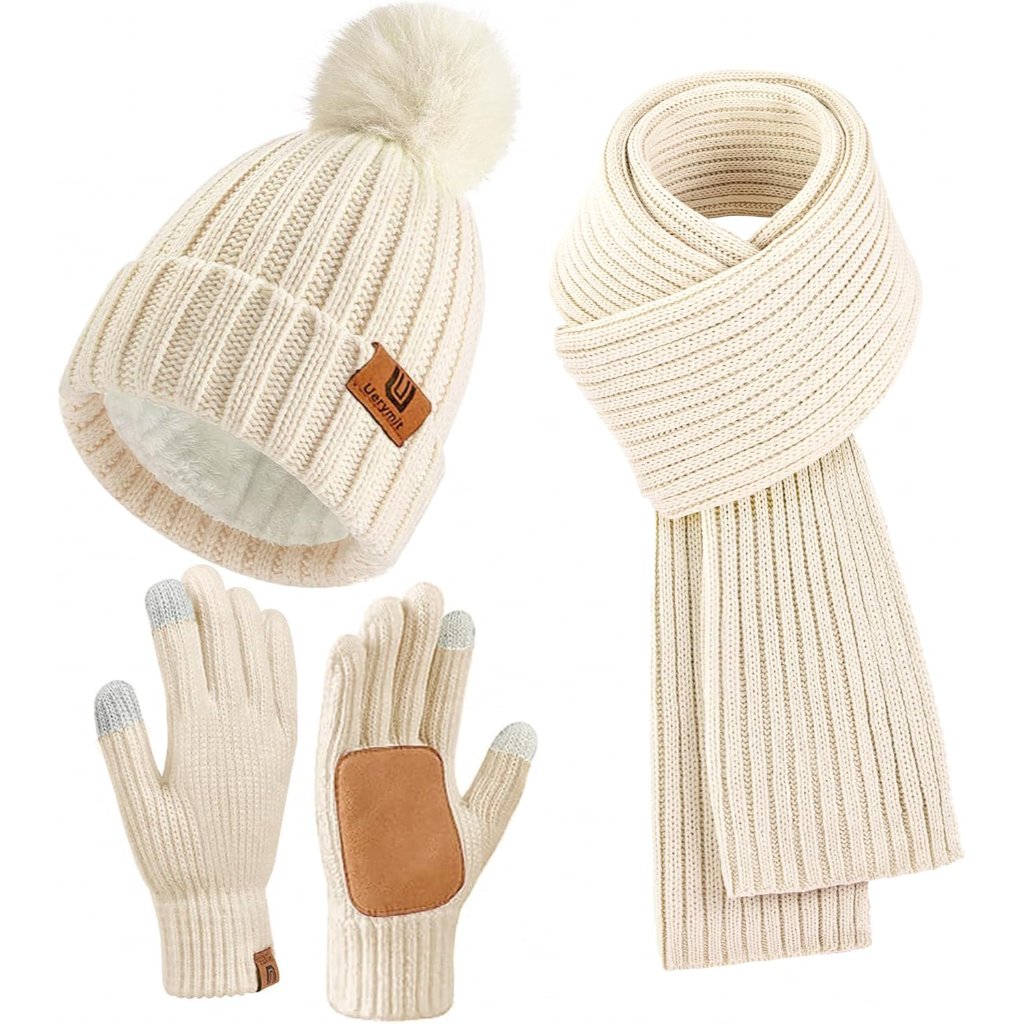 Womens Winter Beanie Hat Scarf Gloves Set Warm Knit Beanie With Pom Pom Long Sca